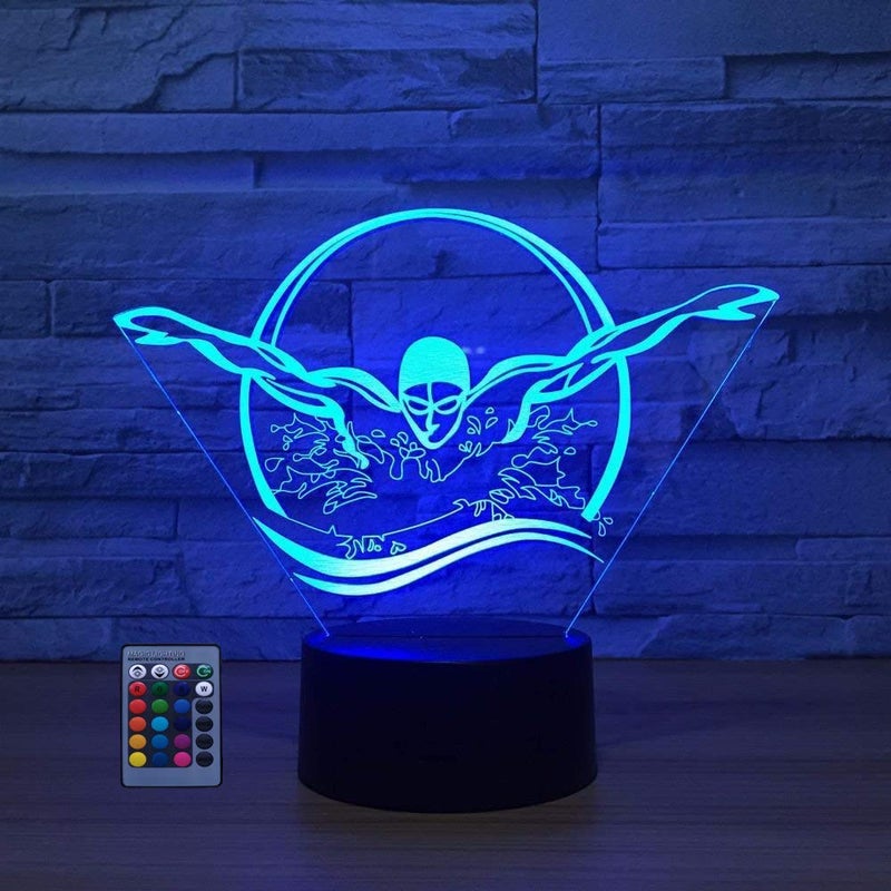 HPBN8 Ltd Creative 3D Swimming Night Light USB Powered Touch Switch Remote Control LED Decor Optical Illusion 3D Lamp 7/16 Colors Changing Brithday Room Decoration - Image 1